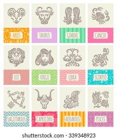 Set of cards or banners. Zodiac icons. Freehand drawing.