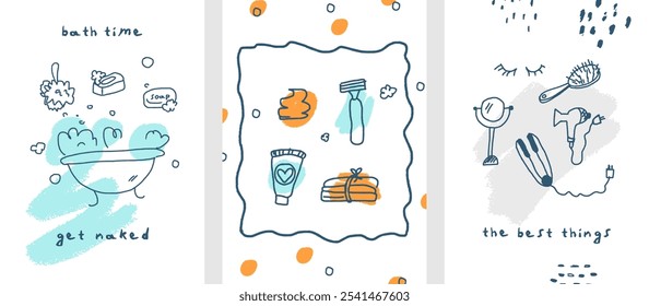 Conjunto de tarjetas de Elementos de belleza: baño de burbujas, toallita, jabón, crema, espuma de afeitar, maquinilla de afeitar, peine, espejo, secador de pelo. Ilustración de doodle a mano alzada. Arte vectorial dibujado a mano ingenuo infantil