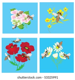 Set of cards with bees and  beautiful flowers