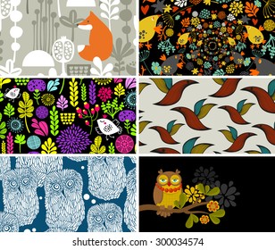 Set of cards with birds, animals and flowers. Vector illustration.