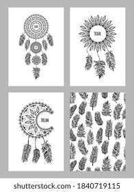 Set of cards with birds feathers and dream catchers ornate decorative elements in black cartoon style vector illustration isolated on white background.