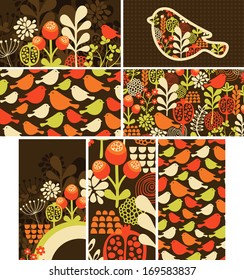 Set of cards with birds and flowers. Vector illustration.