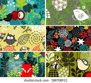 Set of cards with birds and flowers. Vector illustration. 