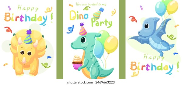 Set of cards, birthday banners, birthday invitations with dinosaurs, balloons and confetti. Dinosaurs that smile and say roar.	
