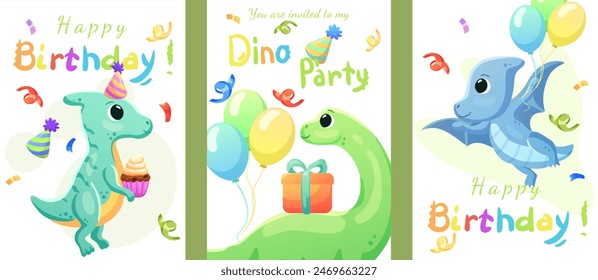 Set of cards, birthday banners, birthday invitations with dinosaurs, balloons and confetti. Dinosaurs that smile and say roar.	