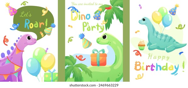 Set of cards, birthday banners, birthday invitations with dinosaurs, balloons and confetti. Dinosaurs that smile and say roar.	