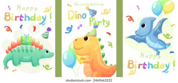 Set of cards, birthday banners, birthday invitations with dinosaurs, balloons and confetti. Dinosaurs that smile and say roar.	