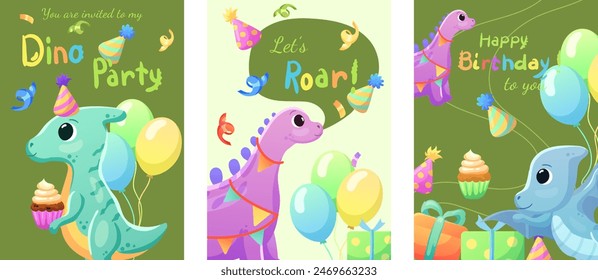 Set of cards, birthday banners, birthday invitations with dinosaurs, balloons and confetti. Dinosaurs that smile and say roar.	