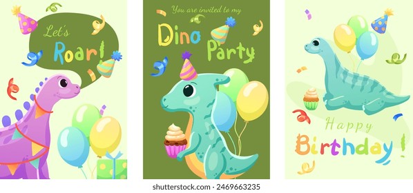 Set of cards, birthday banners, birthday invitations with dinosaurs, balloons and confetti. Dinosaurs that smile and say roar.	