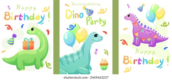 Set of cards, birthday banners, birthday invitations with dinosaurs, balloons and confetti. Dinosaurs that smile and say roar.	