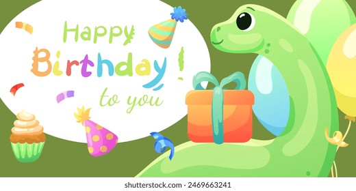 Set of cards, birthday banners, birthday invitations with dinosaurs, balloons and confetti. Dinosaurs that smile and say roar.	