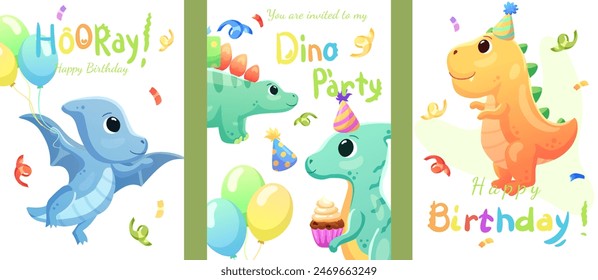 Set of cards, birthday banners, birthday invitations with dinosaurs, balloons and confetti. Dinosaurs that smile and say roar.	