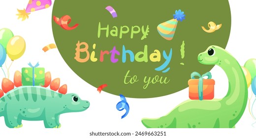 Set of cards, birthday banners, birthday invitations with dinosaurs, balloons and confetti. Dinosaurs that smile and say roar.	