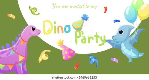 Set of cards, birthday banners, birthday invitations with dinosaurs, balloons and confetti. Dinosaurs that smile and say roar.	