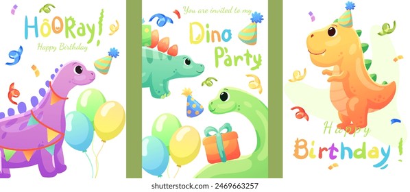 Set of cards, birthday banners, birthday invitations with dinosaurs, balloons and confetti. Dinosaurs that smile and say roar.	