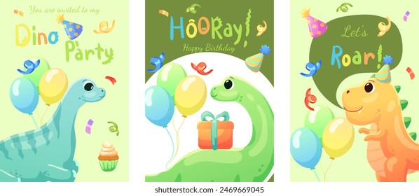 Set of cards, birthday banners, birthday invitations with dinosaurs, balloons and confetti. Dinosaurs that smile and say roar.	