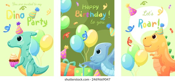 Set of cards, birthday banners, birthday invitations with dinosaurs, balloons and confetti. Dinosaurs that smile and say roar.	