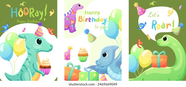 Set of cards, birthday banners, birthday invitations with dinosaurs, balloons and confetti. Dinosaurs that smile and say roar.	