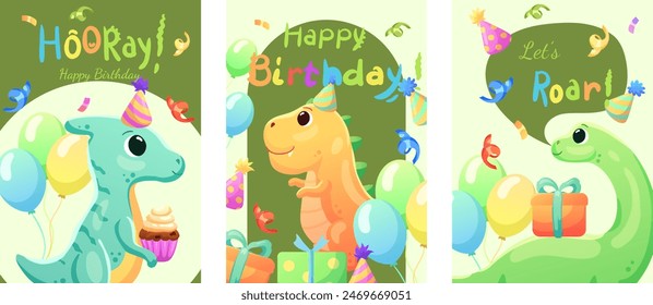 Set of cards, birthday banners, birthday invitations with dinosaurs, balloons and confetti. Dinosaurs that smile and say roar.	