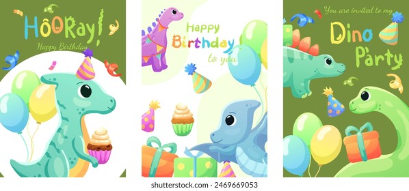 Set of cards, birthday banners, birthday invitations with dinosaurs, balloons and confetti. Dinosaurs that smile and say roar.	