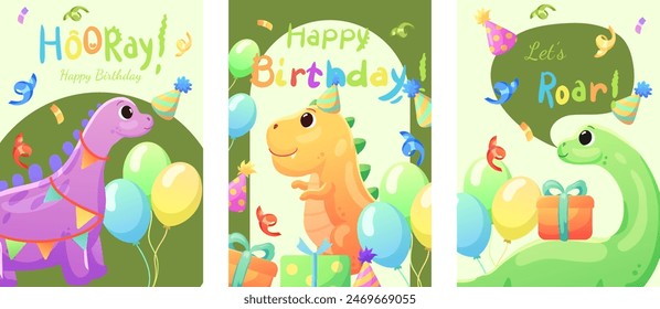 Set of cards, birthday banners, birthday invitations with dinosaurs, balloons and confetti. Dinosaurs that smile and say roar.	