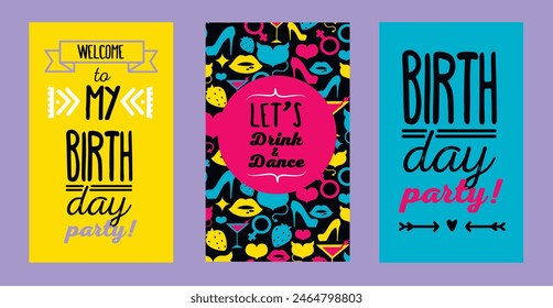 Set of cards for birthday party, vector illustration