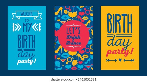 Set of cards for birthday party, vector illustration