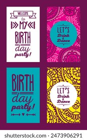 Juego de tarjetas para fiesta de cumpleaños, Ilustración vectorial