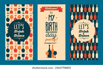 Set of cards for birthday wine party, vector illustration