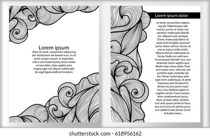 Set of cards, black and white background with detailed ornament. Hand draw illustration. Sea waves or clouds motif  for banners, cards, posters, invitation designs. Vector template.