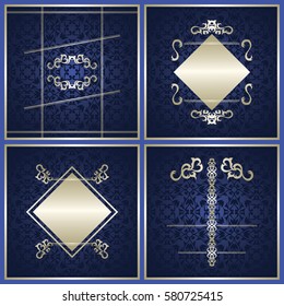 Set Of Cards With Blue Background And Silver Vintage Decoration   