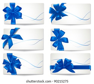 Set of cards with blue gift bows with ribbons. Vector.