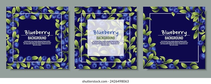 Set of cards with blueberries and green leaves. Frame, background with wild berries.