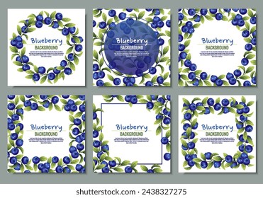 Set of cards with blueberries and green leaves. Frame, background with wild berries.