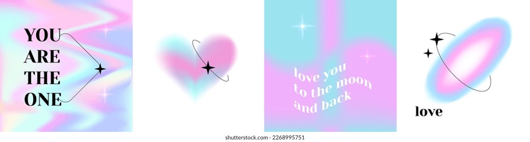 Set cards with blurred gradient backgrounds and elements. Trendy y2k vintage aesthetic holo lilac color collection for social media. Soft blurred love heart, abstract poster. Vector illustration.