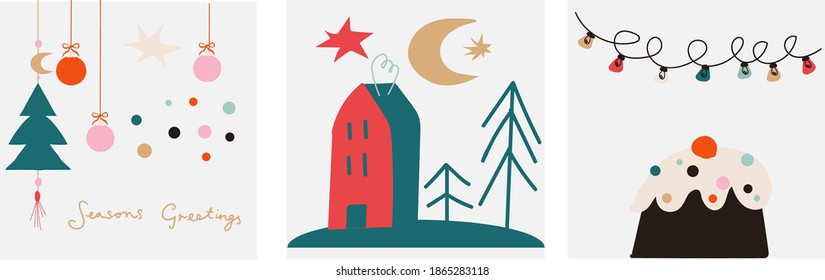 Set of cards Boho Christmas style, minimalistic style elements, trendy colors. 