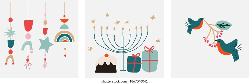 Set of cards Boho Christmas style, minimalistic style elements, trendy colors. 