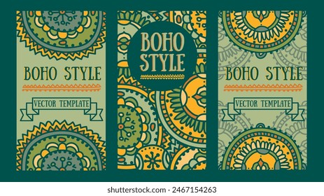Set of cards with boho or gypsy style ornaments, can be used as party or festival invitations, vector illustration