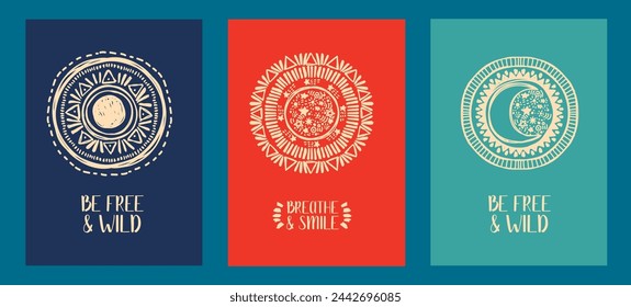 Set of cards with boho ornaments, sun, moon and crescent symbols, hand drawn style vector illustration