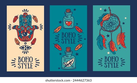 Conjunto de tarjetas para boho estilo, con se puede utilizar para la invitación de la tienda o de la fiesta, Ilustración vectorial