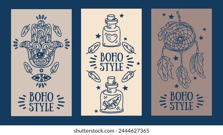 Set of cards for boho style, con be used for shop or party invnitation, vector illustration