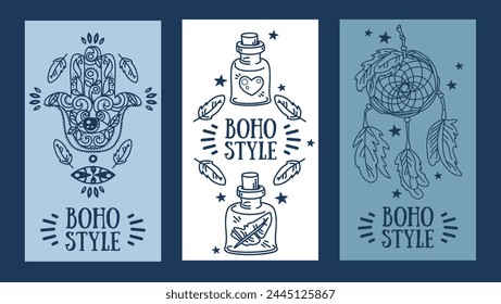 Kartensatz für Boho-Stil, kann für Shop- oder Partyeinladung, Vektorillustration verwendet werden