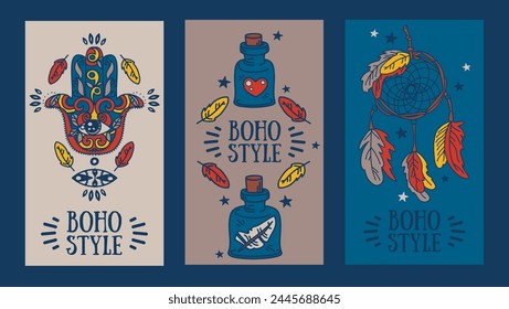 Conjunto de tarjetas para boho estilo, con se puede utilizar para la invitación de la tienda o de la fiesta, Ilustración vectorial
