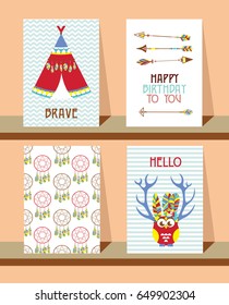 Set of cards in boho style. Vector illustration.