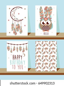 Set of cards in boho style. Vector illustration.