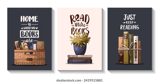 Set of cards with books, potted plants and handwritten phrases. Bookstore, bookshop, book lover, reading, library concept. Vector illustration for postcard, card, poster, cover.