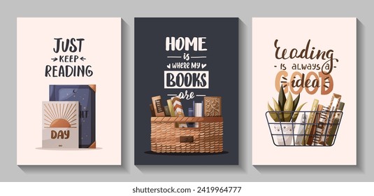 Set of cards with books, potted plants and handwritten phrases. Bookstore, bookshop, book lover, reading, library concept. Vector illustration for postcard, card, poster, cover.