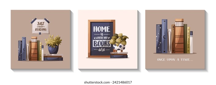 Set of cards with books, potted plants and handwritten phrases. Bookstore, bookshop, book lover, reading, library concept. Vector illustration for postcard, card, poster, cover.