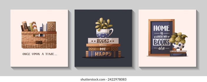 Set of cards with books, potted plants and handwritten phrases. Bookstore, bookshop, book lover, reading, library concept. Vector illustration for postcard, card, poster, cover.