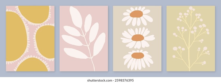 Set of Cards with Botanical Leaves and Floral Silhouettes in a Contemporary Style. Poster Art with Soft Pastel Colors. Illustrations with earthy, neutral hues ideal for home decor, stationery, prints